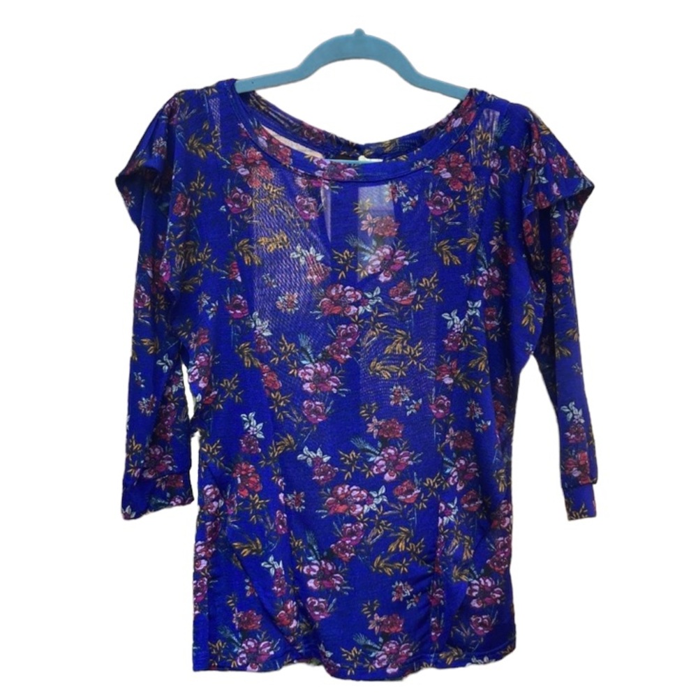 Free People blue floral side flutter shirt, size small